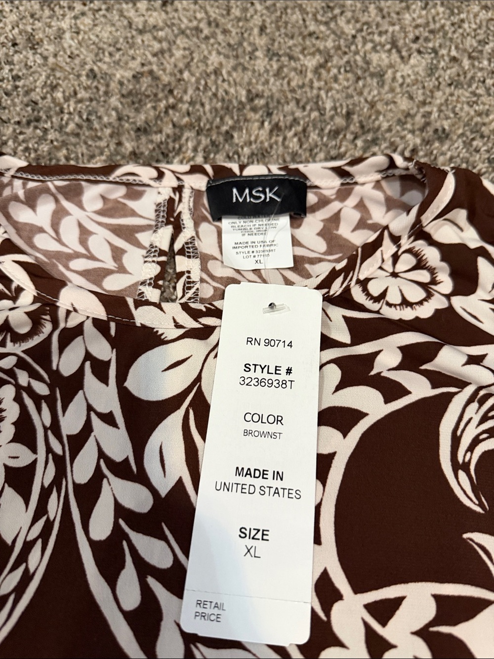 NWT MSK Brown and White Floral Print Maxi Dress Size XL - Picture 2 of 5